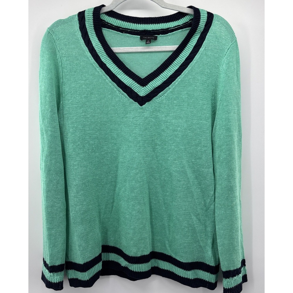 Talbots Sweater Womens M Green Black V Neck 100% Linen Knit Pullover Coastal - Picture 2 of 10